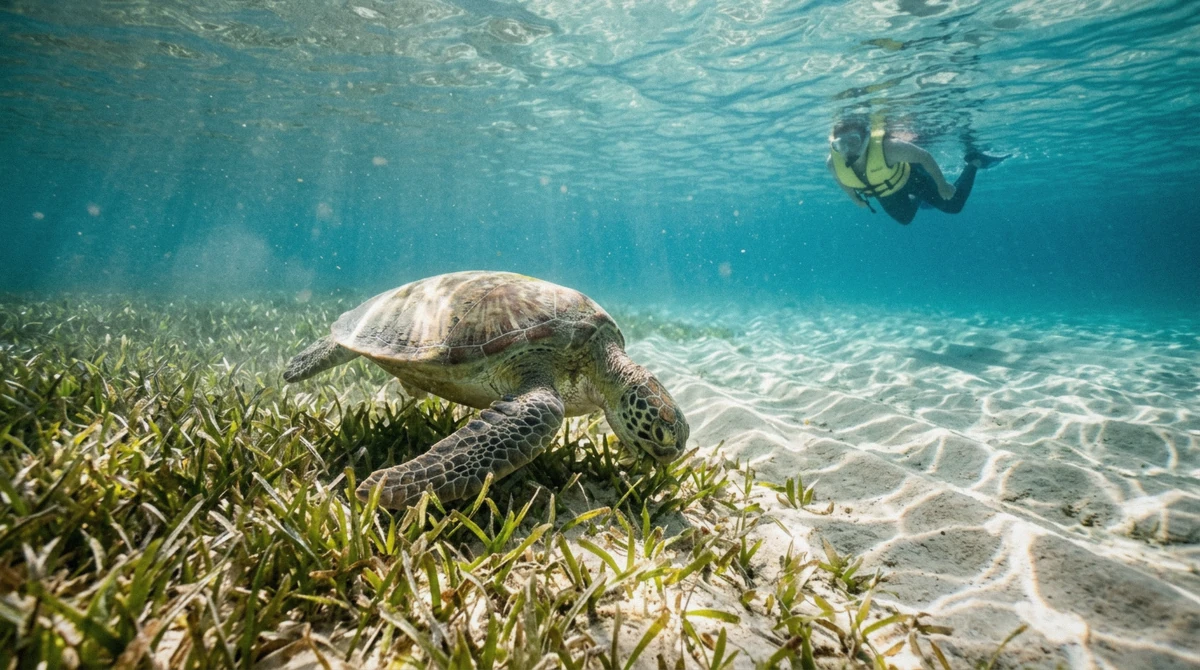 Green sea turtle grazing on seagrass in Akumal Bay with a snorkeler at a distance on an Akumal turtle tour