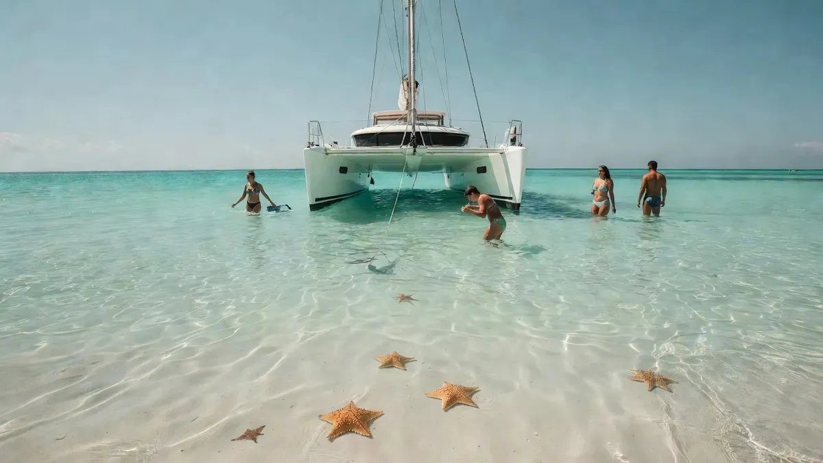 A VIP catamaran anchored over the shallow turquoise El Cielo sandbar on a Playa del Carmen boat tour to Cozumel, Mexico