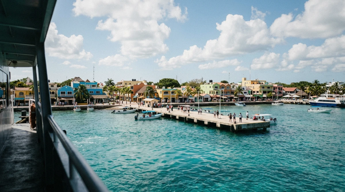 San Miguel waterfront seen from a ferry arriving on a Cozumel day trip from Playa del Carmen