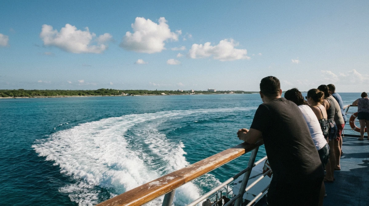 Passengers at the stern rail of a ferry to Cozumel from Playa del Carmen, with the wake curling toward the low green coast of the island