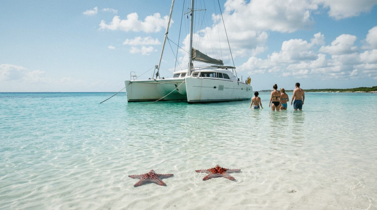Catamaran anchored over the shallow El Cielo sandbar in Cozumel with starfish on the sand