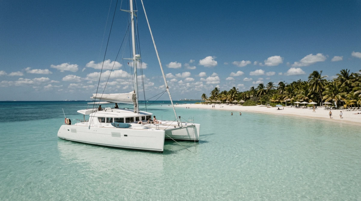 Sailing catamaran anchored off Playa Norte on an Isla Mujeres catamaran day from Playa del Carmen