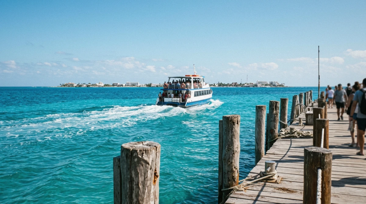 Passenger ferry crossing the bay toward Isla Mujeres, the last leg from Playa del Carmen to Isla Mujeres