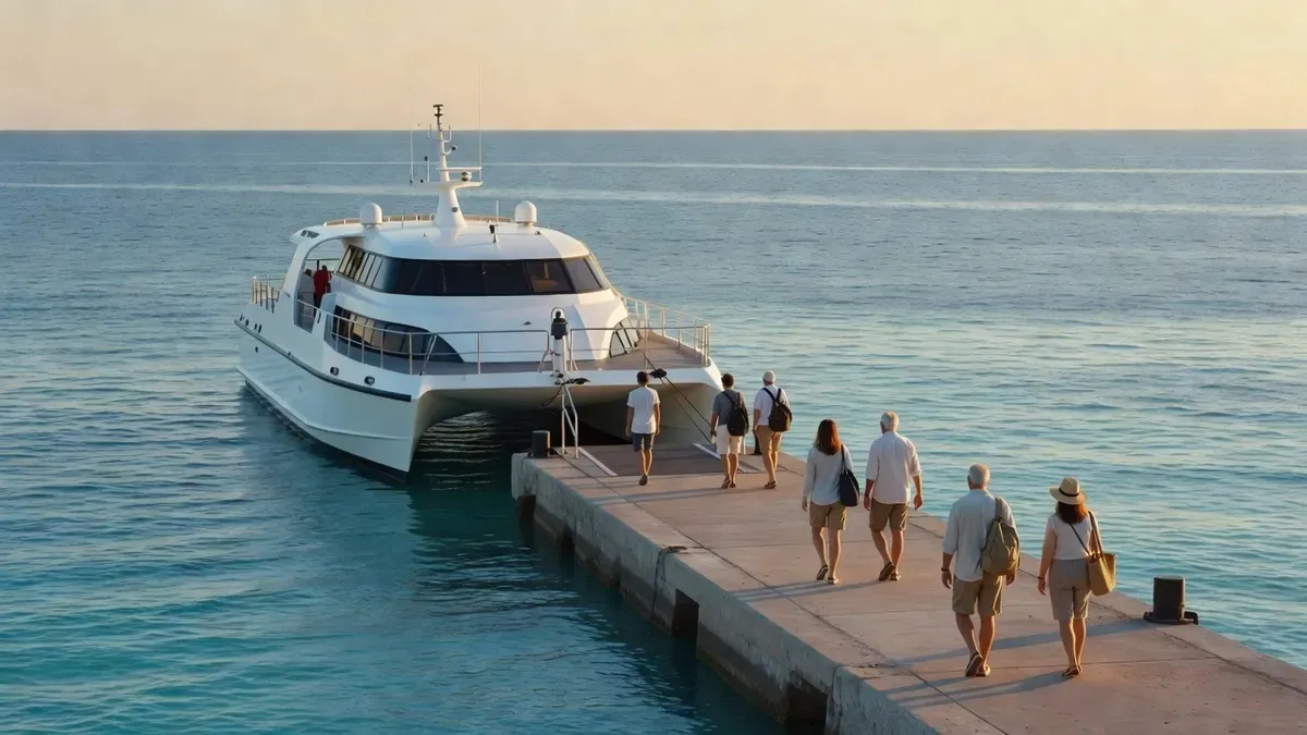 The passenger ferry loading at the Muelle de Playa del Carmen pier for the crossing to Cozumel on a Playa del Carmen boat tour, Mexico