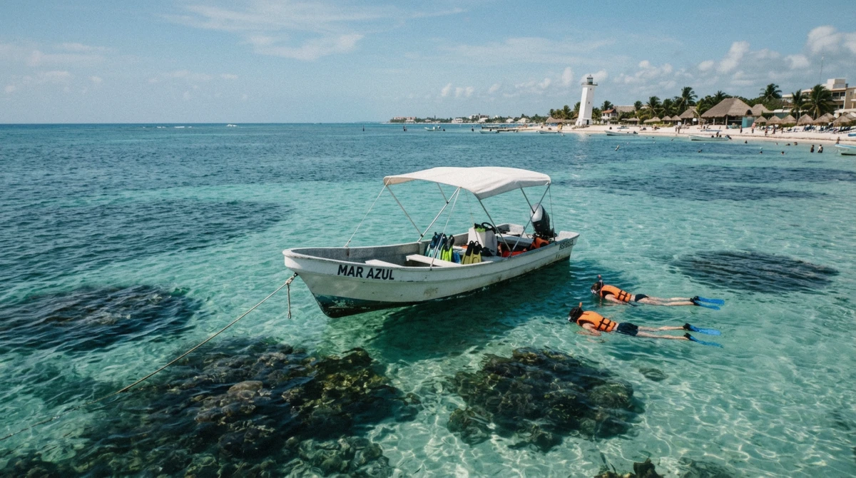 Snorkel boat moored over the reef off Puerto Morelos with the leaning lighthouse on the shore