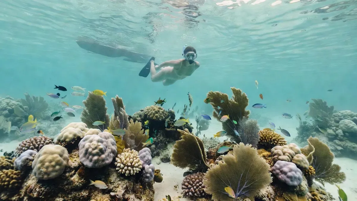 A snorkeler floating above bright coral heads on the Puerto Morelos reef during a private Playa del Carmen boat tour, Mexico