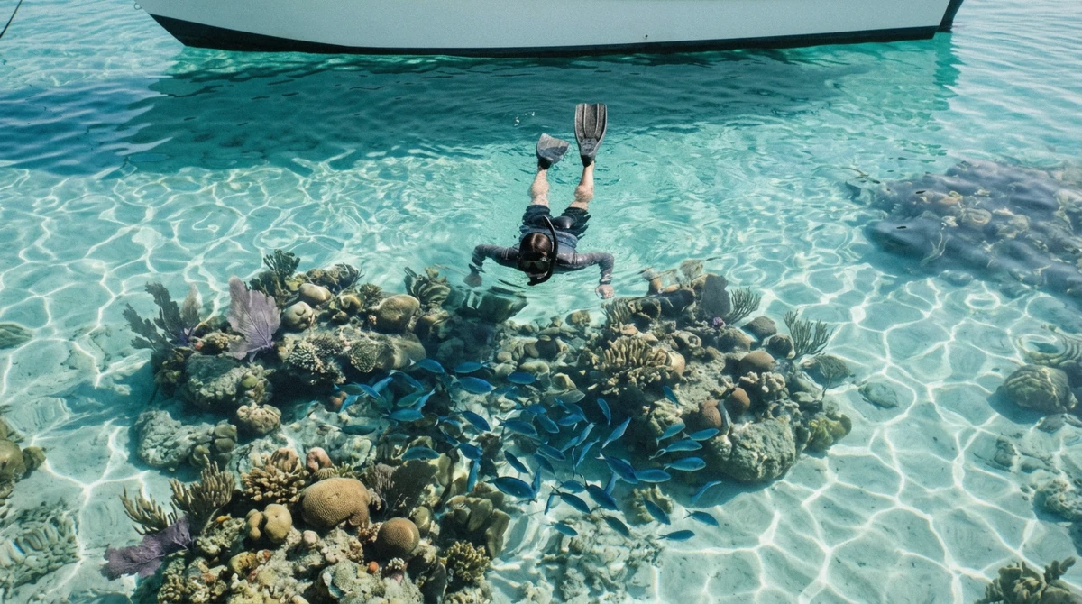 Snorkeler floating over a shallow coral reef near Playa del Carmen with a boat hull above, snorkeling in Playa del Carmen
