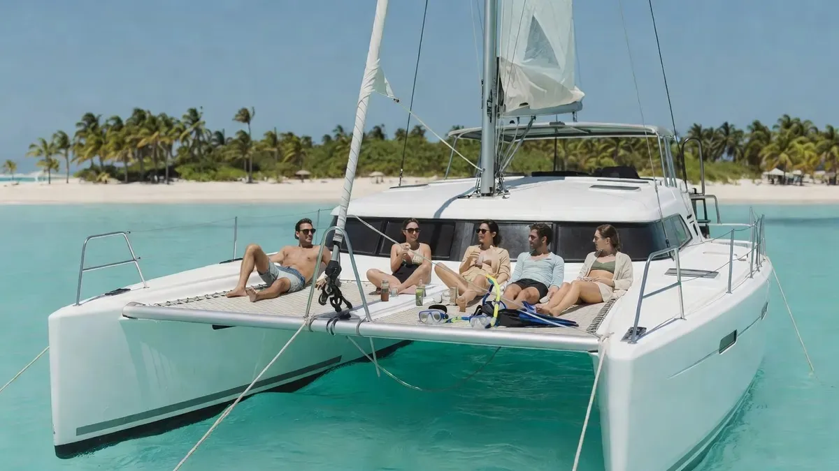 Sailing catamaran with guests approaching the white beaches of Isla Mujeres on a Playa del Carmen boat tour, Mexico