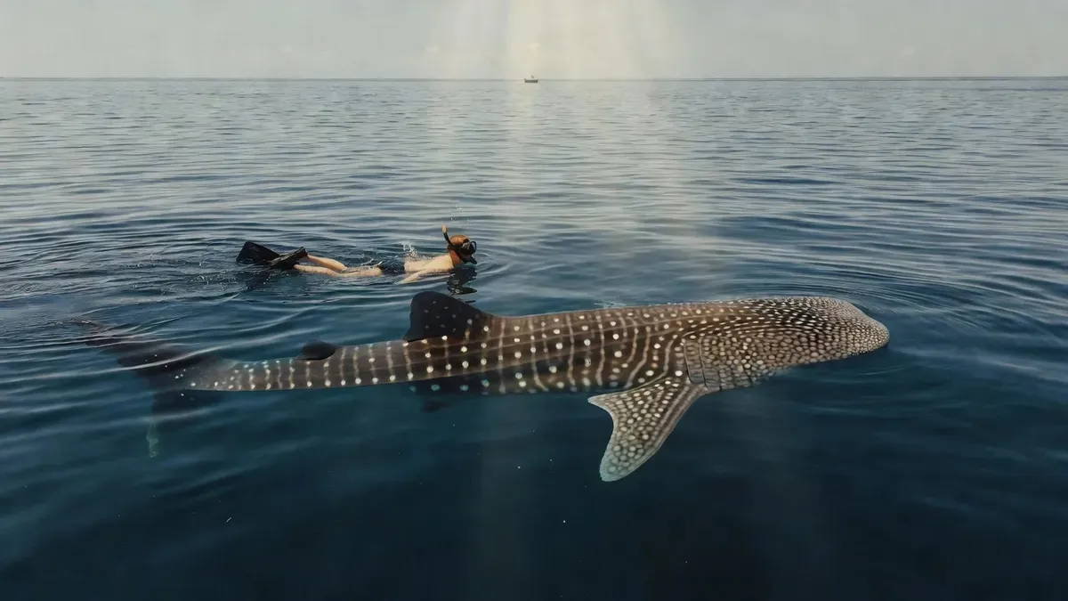 A snorkeler swimming beside a giant whale shark in open water on a seasonal Playa del Carmen area boat tour near Cancún, Mexico