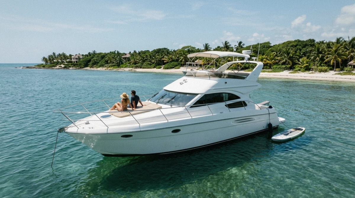 Private motor yacht anchored off a quiet beach near Puerto Aventuras, a yacht rental from Playa del Carmen